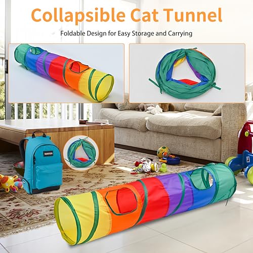 iCAGY 25 Pcs Cat Toys for Cats, Indoor Kittens - Interactive Variety Pack, 45 inches Rainbow Cat Tunnel, Feather Teaser, F...