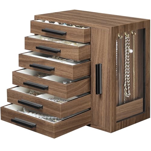 HOOBRO Jewelry Box for Women, Jewelry Organizer Box, 6-Tier Wooden Jewelry Box, Jewelry Case with Side Transparent Window,...
