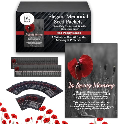 50pc RED Premium Pre-Filled Red Poppy Seeds Funeral Favor Packets, Funeral Decorations, Celebration of Life Decorations, C...