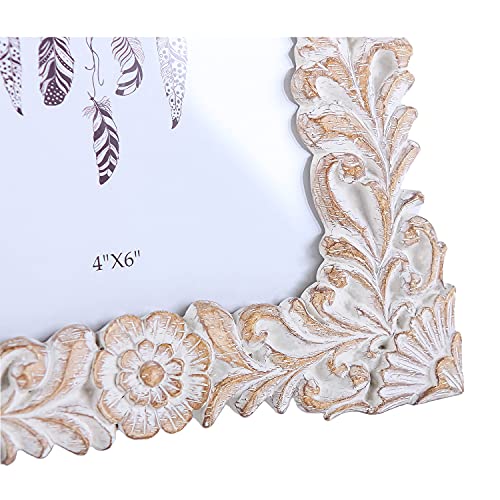 NIKKY HOME Farmhouse Boho Style Floral Picture Frame 4x6 Rustic Resin Photo Frame with Distressed White Finish, High Defin...