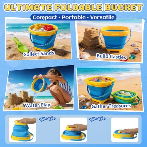UBeesize 37 PCS Beach Toys , 3-in-1 Construction & Treasure Hunt Sand Toys with 2 Collapsible Buckets, 2 Trucks, Castle Bu...