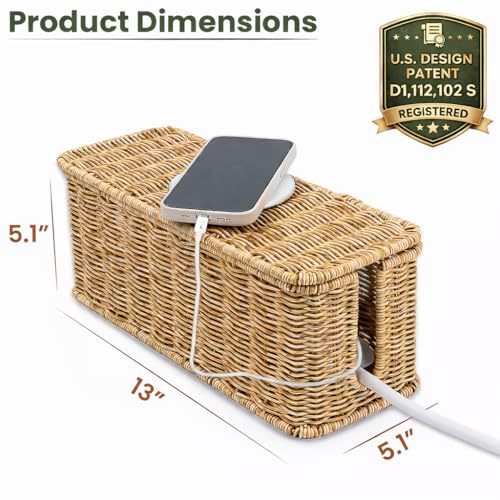 Cable Management Box, Handmade Rattan Cable Organizer with 2 Open Slots, Cord Hider for Power Strip, Router & USB Hub, Reg...