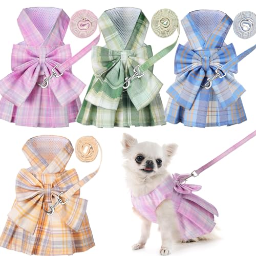 Potchen 4 Pcs Cute Plaid Dog Dress Set with Bow Tie Harness & Leash for Small Dogs, Puppy Clothes for Girls Outfits(S,Ligh...