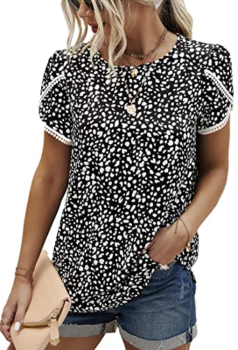 Angashion Women's Tops Casual Floral Print Lace Crochet Short Sleeve Crewneck Summer Loose Blouse Shirt Tunic Top