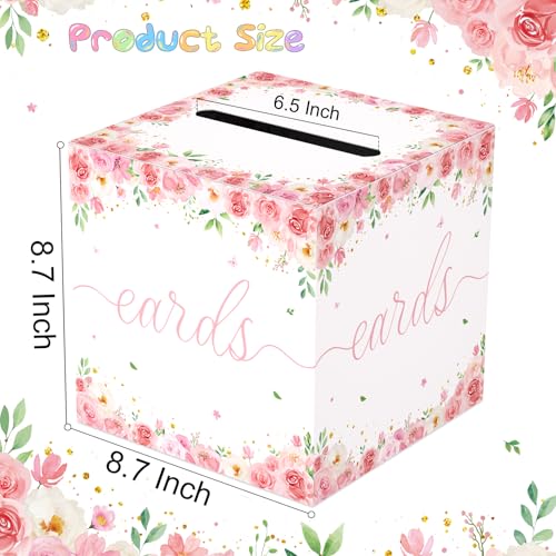 QISOLIY Pink Floral Card Box for Party, White Gift Card Holder & Money Box with Watercolor Flowers for Wedding, Bridal Sho...