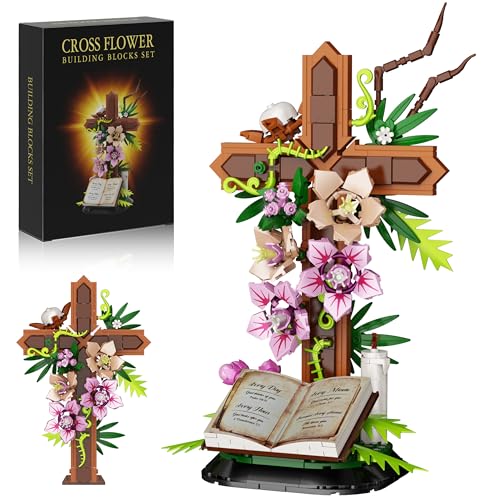 Cross Flower Building Set, Religious Cross Collectibles Compatible with Lego Jesus Catholic Building Toys, Easter, Christi...
