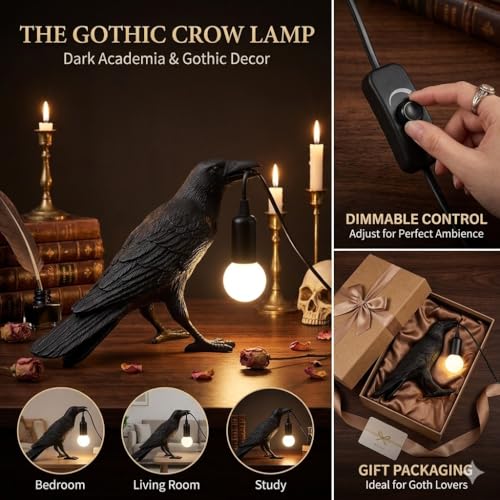 OVANUS Crow Lamp Gothic Decor, Raven Table Lamp with Adjustable Brightness, Dark Academia Aesthetic Night Light for Bedroo...