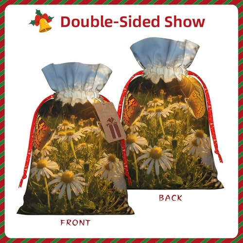 LHBZXMKJ Butterfly On Daisy Print Drawstring Present Bags Christmas gifts Wrapping Sacks Pouches for Xmas Party ﻿