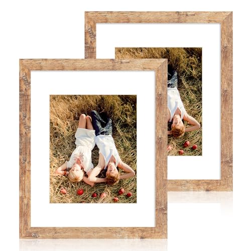 iRahmen 11x14 Picture Frame Set of 2 with Tempered Glass, Rustic Brown Frame Display 8x10 Pictures with Mat or 11 x 14 Wit...