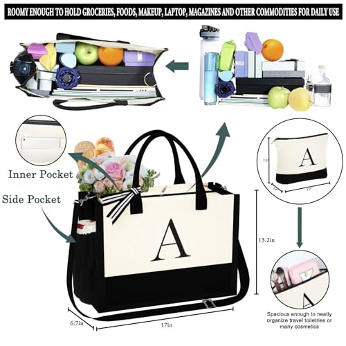 YOOLIFE Mothers Day Gifts - Initial Canvas Tote Bag & Makeup Bag, Birthday Gifts for Women Mom Sister Friends