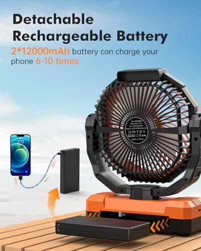 24000mAh Camping Fan - Detachable Rechargeable Battery Operated Fan with Light & Hook for Tent, Outdoor - USB Table Fan wi...