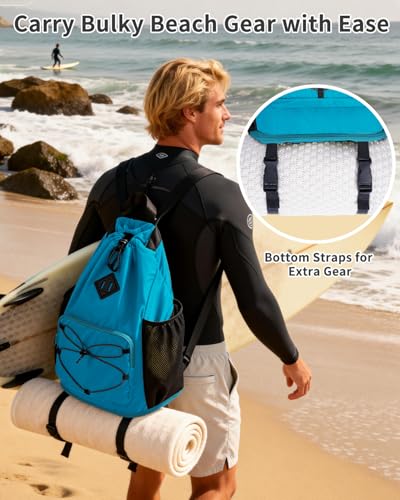 WANDF Drawstring Backpack with Removable Wet Pocket, Sandproof Beach Backpack with Bottom Compression Strap for Beach Mat,...