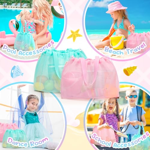 Tagitary Beach Toys Kids Beach Bag Tote with Drawstring, Pink Blue Mesh Bag Travel Beach Essentials for Kids Swim Pool Gym...