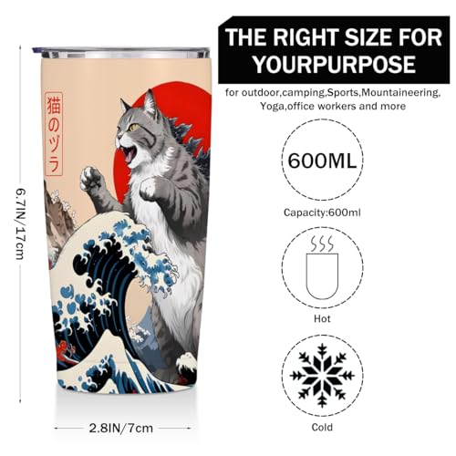 Cat Gifts for Women 20 oz Tumbler, Funny Japanese Cats Stainless Steel Insulated Water Bottle, Cats Themed Insulated Trave...