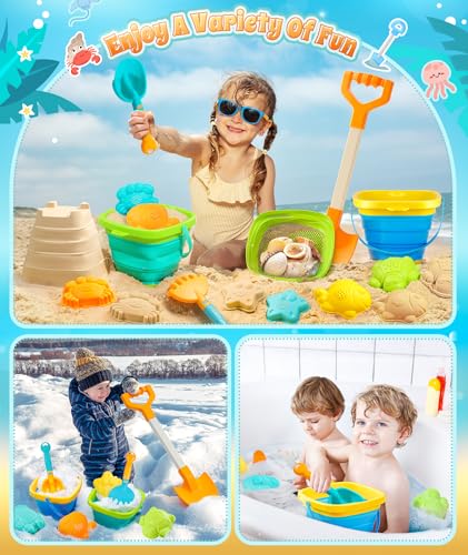 DUDUCOFU Collapsible Beach Sand Toys for Kids Toddlers, Collapsible Sand Bucket with Sifter Shovels Set with Mesh Bag and ...