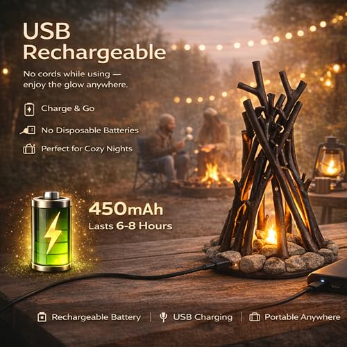 Lubocrat LED Night Light Wooden Campfire LED Dimmable Lamp with 3 Lighting Modes & Flame Sound, USB Powered Kids Nightligh...