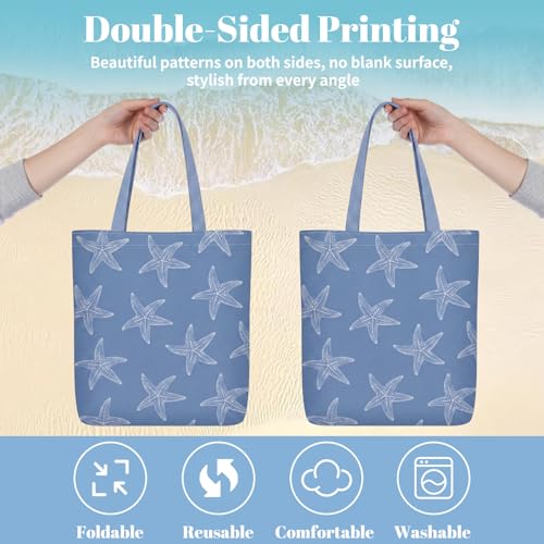 Reginary 6 Pcs Coastal Canvas Tote Bags with Pocket Summer Beach Themed Gifts Blue Seashell Starfish Conch Coral Pattern