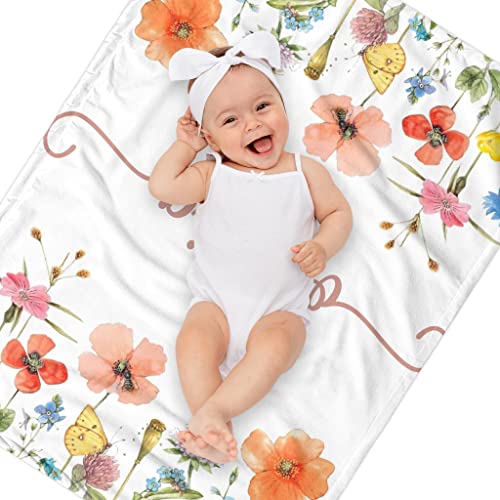Lcyawer Personalized Swaddle Baby Blankets with Name Plants Flowers, Customized Floral Nursery Blanket for Girls, Newborn ...