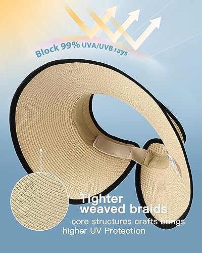 FURTALK Sun Hats for Women Wide Brim Beach Hat Straw Visor Ponytail Summer UV Packable Foldable Beach Vacation Essentials