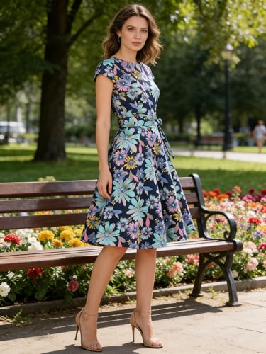 PUKAVT Women's 1950 Boatneck Cap Sleeve Vintage Swing Cocktail Party Dress with Pockets