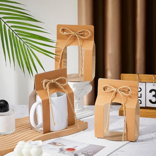 Kosiz 36 Pcs Kraft Mug Boxes Sublimation Coffee Mugs Gift Bags with Window Packaging Storage Box for Shipping Selling Wedd...