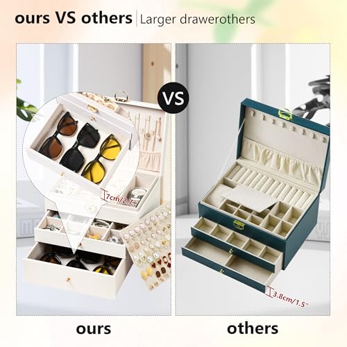 GALHUBIS Jewelry Box, 3 Layers Leather Jewelry Storage Display Box for Women, Gift Case, 2 Drawers, Large Capacity for Nec...