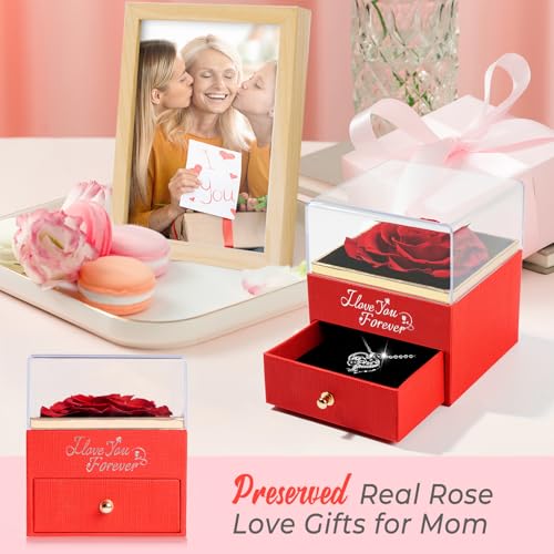 Gifts for Women Mom Rose with Necklace: Preserved Red Flowers Jewelry Presents for Mother Mama from Daughter Son