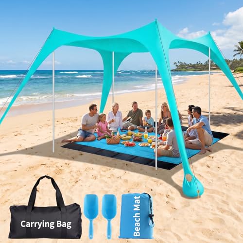 12x12 FT Beach Tent Sun Shelter UPF 50+, XL Beach Canopy with 4 Thickened Aluminum Poles, Sandbags, Windproof Portable Bea...
