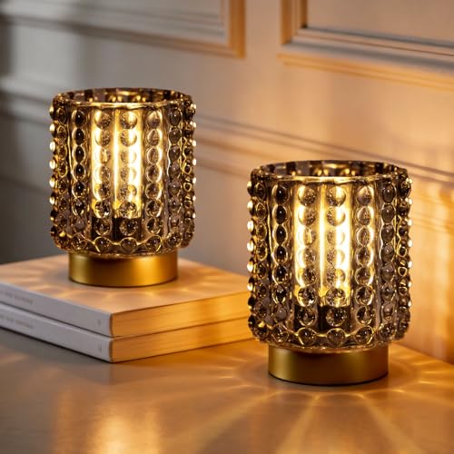 Battery Operated Lamp with Timer, Mini Crystal Table Lamps for Home Decor, Small Cordless Lamp for Areas No Outlets, Glass...