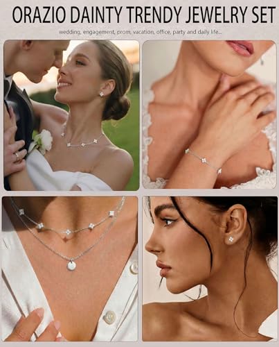 ORAZIO Dainty Silver Gold Jewelry Set for Women Trendy 14K Gold Plated CZ Flowers Pendant Choker Necklaces for Women Stud ...