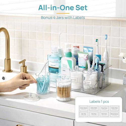 Vtopmart 5 PCS Bathroom Countertop Organizer, 1 Divided Tray with 4 Qtip Holder Jars, Restroom Clear Organizers for Toothb...