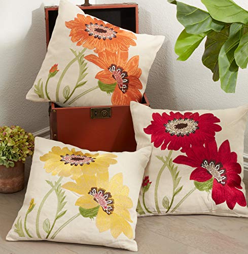 SARO LIFESTYLE 434P Le Tournesol Collection Embroidered Sunflower Design Linen Blend Filled Throw Pillow, Orange