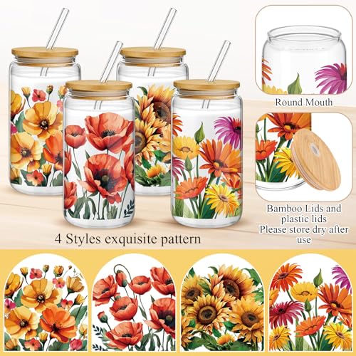 Mumufy 4 Pack Oil Flower Themed Gifts for Women Cute Glass Cup Tumbler Flower Iced Coffee Mugs 16 oz Glass with Bamboo Lid...