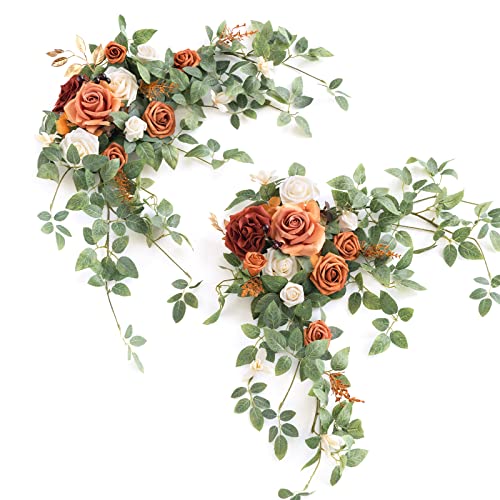 Ling's moment 2PCS Terracotta Arch Flowers Artificial Floral Swags Centerpieces Wedding Decor Mantel Faux Burnt Orange Ros...