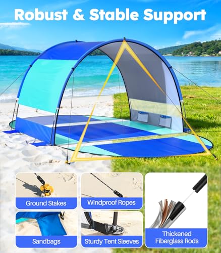 Rhino Valley Beach Tent, Beach Tent Sun Shelter with UPF50+ UV Protection, Double Doors Beach Canopy Portable Storage Bag ...