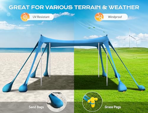 Rengue Beach Tent, Beach Canopy UPF50+ UV Protection, 10x10ft Beach Shade Sun Shelter with 8 Sandbags, Sand Shovels, Groun...