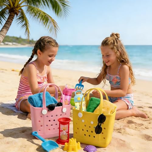 Juyeesm Small Rubber Beach Bags for Kids, Waterproof Sandproof Rubber Tote Bags Pool Bag for Travel, Boat, Sport