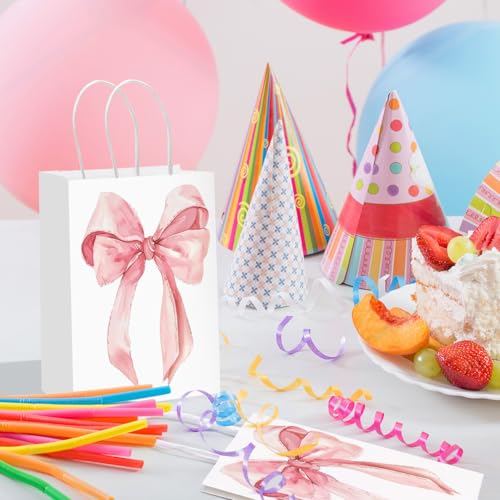 Draupnir 24PCS Coquette Pink Bow Paper Gift Bags, Party Favor Bags, Pink Goodie Bags for Birthday&Bachelorette Party Decor...
