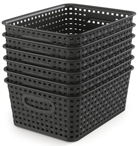 WYT Woven Storage Organizer Basket, 6-Pack Black Plastic Weave Baskets, 10.1 x 7.55 x 4.1
