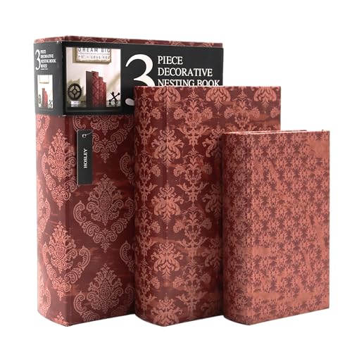 Hosley Farmhouse Memory Book Boxes Set of 3, Red Brown & Gold, Decorative Nesting Storage Boxes 12 10 8 Inch, Faux Leather...