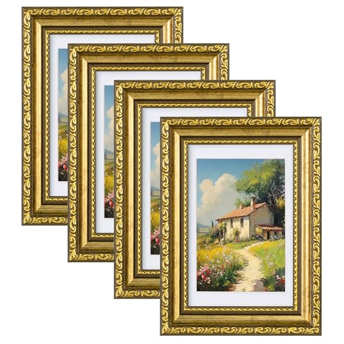 eletecpro 4x6 Picture Frames Set of 4, Retro Frames with Glass Cover, Vintage Gold Photo Frame 4 by 6 Displays 3.5x5 Photo...