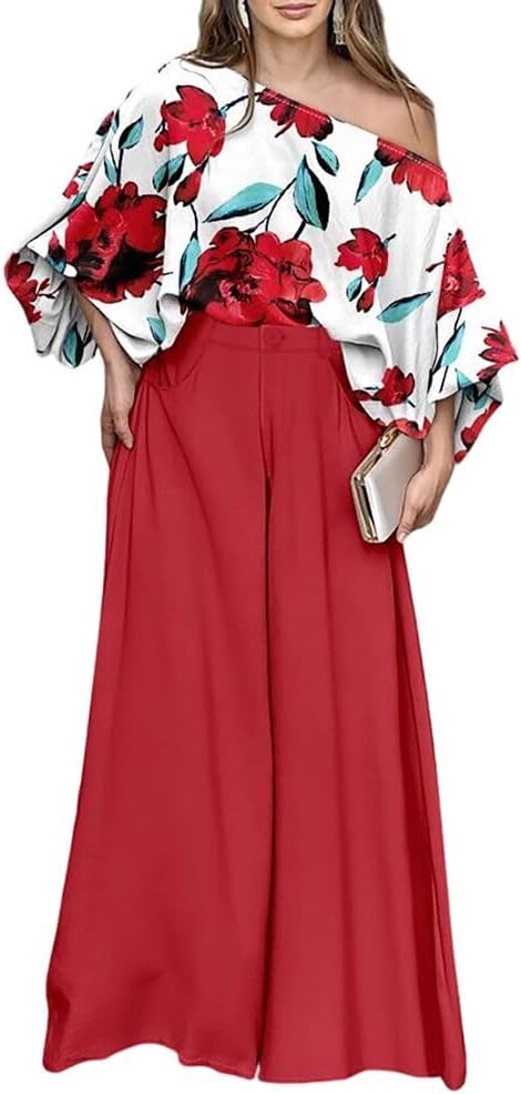 CHICME Women Summer 2 Piece Outfits Off Shoulder Top Flowy Wide Leg Pants Set Vacation Travel Airport Outfits
