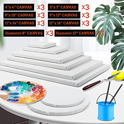 24 Pack Canvases for Painting with 4"x4", 5"x7", 8"x10", 9"x12", 11"x14", 12"x16", Round Canvas with 12"x12", 8"x8", Paint...
