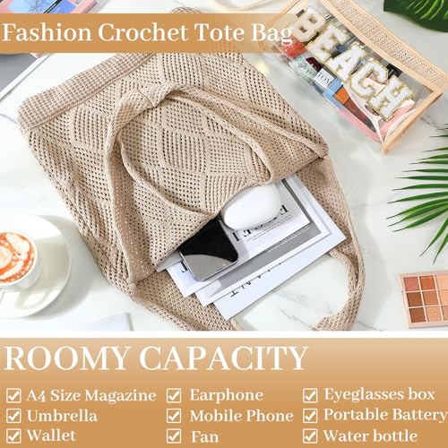 Aliceset 2 Pack Crochet Mesh Beach Tote Bag with Letter Patch Pocket Summer Beach Tote Bohemian Straw Transparent Bag