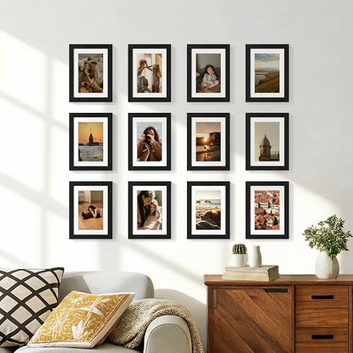 Vittanly 5x7 Picture Frames Set of 12, Display 4x6 Pictures with Mat or 5x7 without Mat, Engineered Wood with Shatter Resi...