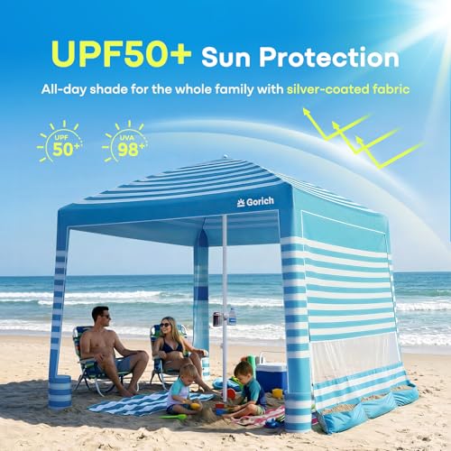 Gorich Beach Cabana with UPF50+ UV Protection, 8x8 FT/10x10 FT Beach Canopy Tent with Side Wall, Easy Setup, Windproof Por...