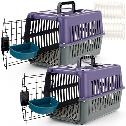2 Set Travel Pet Carriers for Small Cat Dog Plastic Hard Shell Carrier Cat with Bowl Wire Door Grille Mat Portable Breatha...