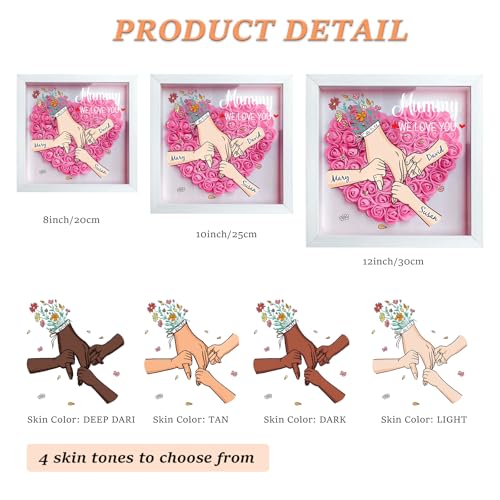 Personalized Mom Flower Shadow Box with Hands & Kids Names, - Customized Rose Frame Gift for Mom Grandma, Unique Mother's ...