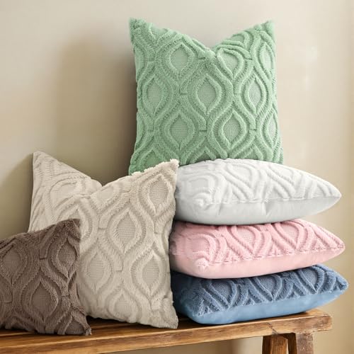 decorUhome Throw Pillow Covers 18x18 Inch Set of 2, Soft Plush Faux Wool Beige Solid Couch Pillow Covers, Accent Farmhouse...