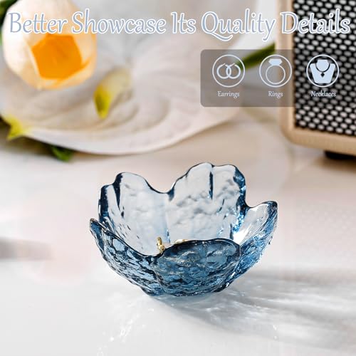 Binoster Blue Flower Glass Ring Dish Jewelry Tray Ring Holder Dish Cute Room Decor Vanity Organizer for Nightstand or Bath...